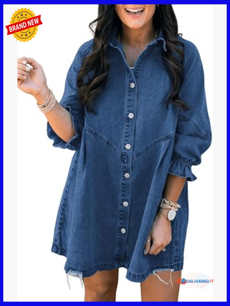 Smocked 3/4 Sleeve Button Down Denim Mini Dress A-Line